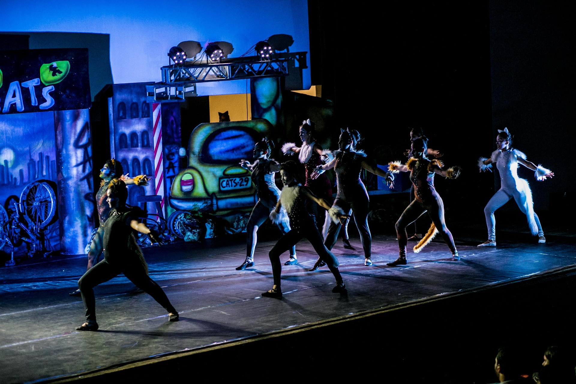 Bailarinos do NED em coreografia diagonal no espetáculo Cats