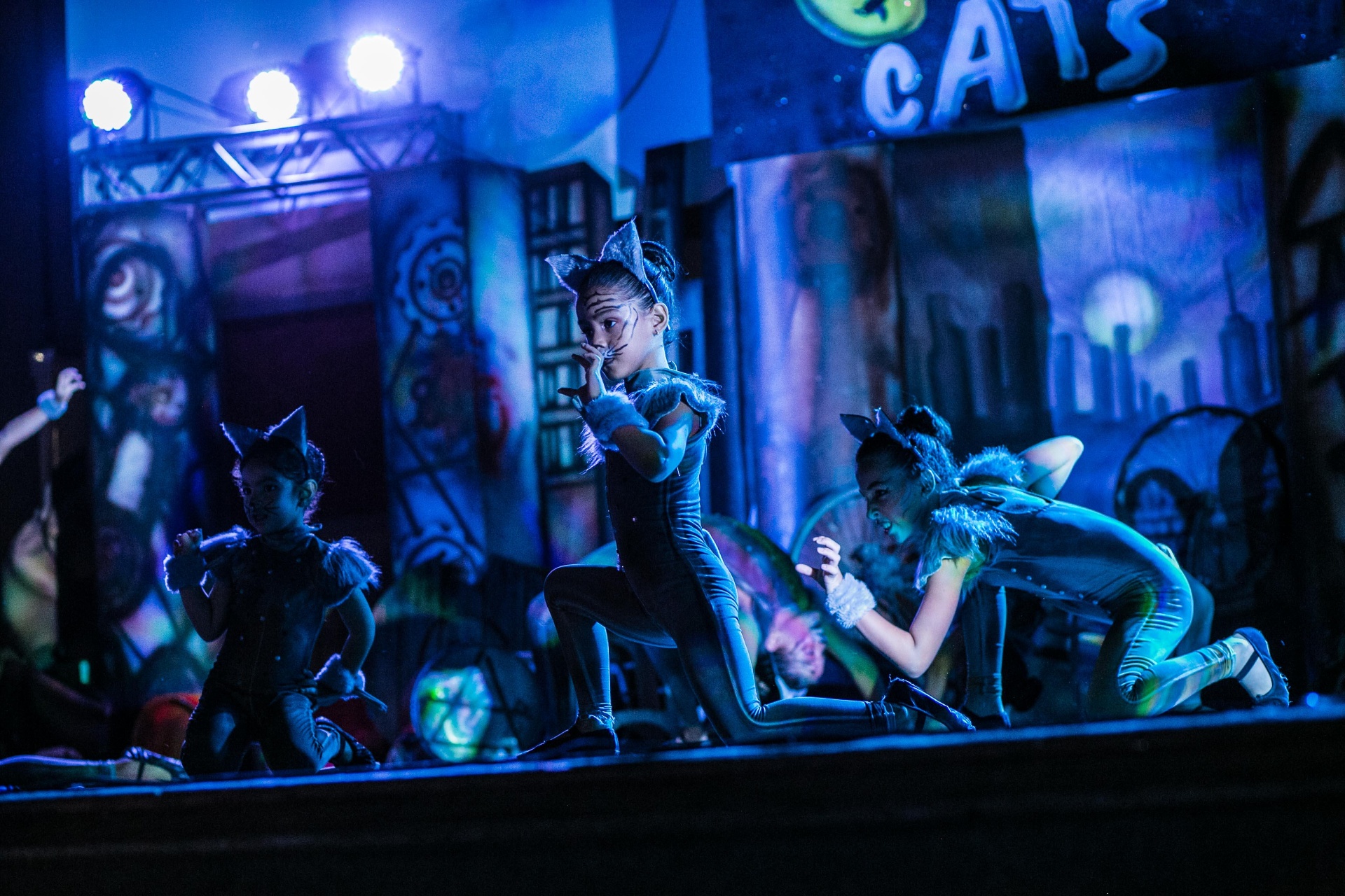 Trio de jovens bailarinas caracterizadas de gatos no espetáculo Cats